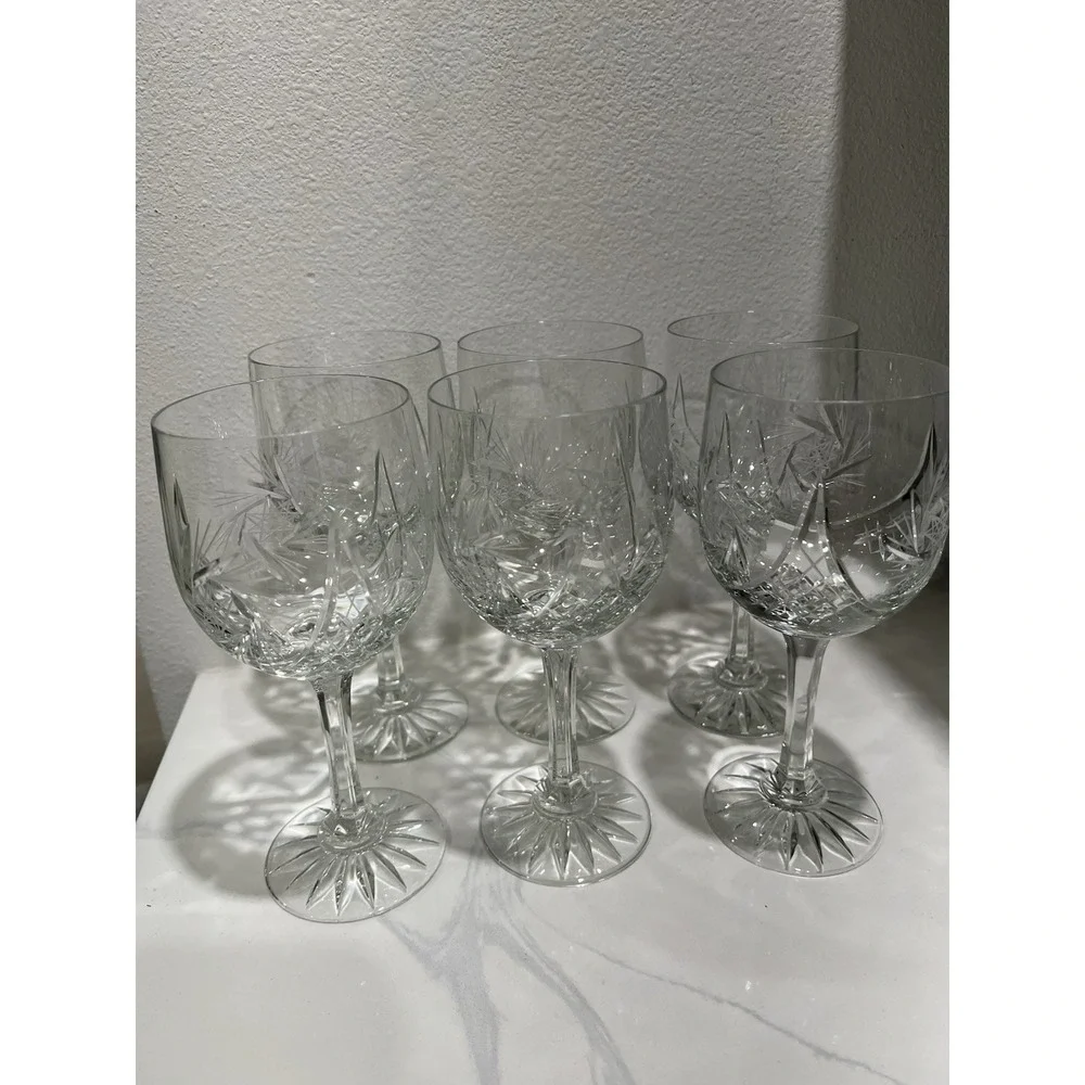 Wine Glass Crystal Classic Pinwheel Pattern Clear Hand Cut by American Cut 6pcs